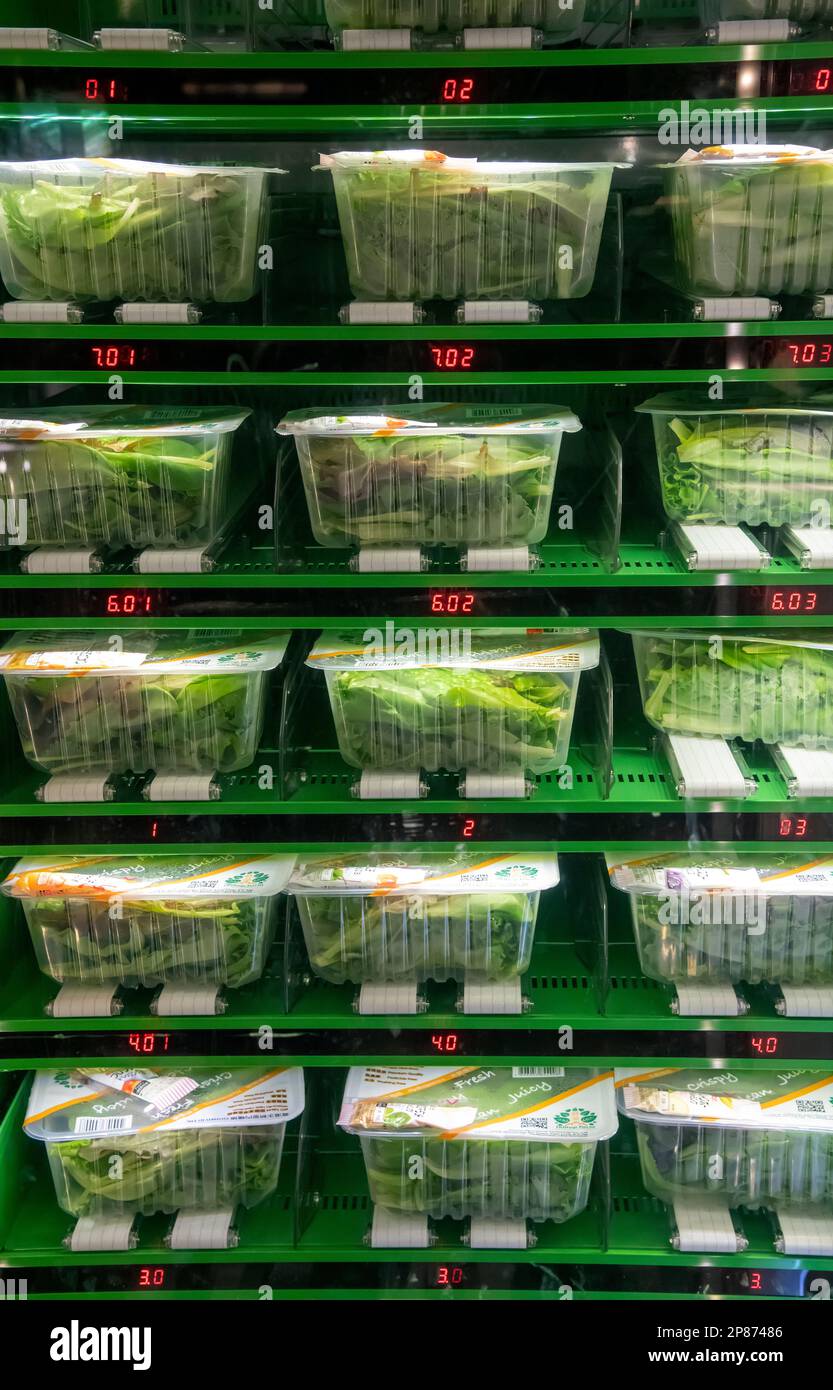 Verkaufsautomat mit lokalem Gemüse auf K-FARM, dem ersten städtischen Bauernhof in Hongkong mit Hydrokultur, Aquaponik und biologischem Anbau Stockfoto