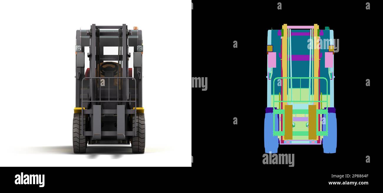 Vorderansicht des Gabelstaplers Industriefahrzeug Concept 3D Rendern auf Weiß mit farbigem Alpha Stockfoto