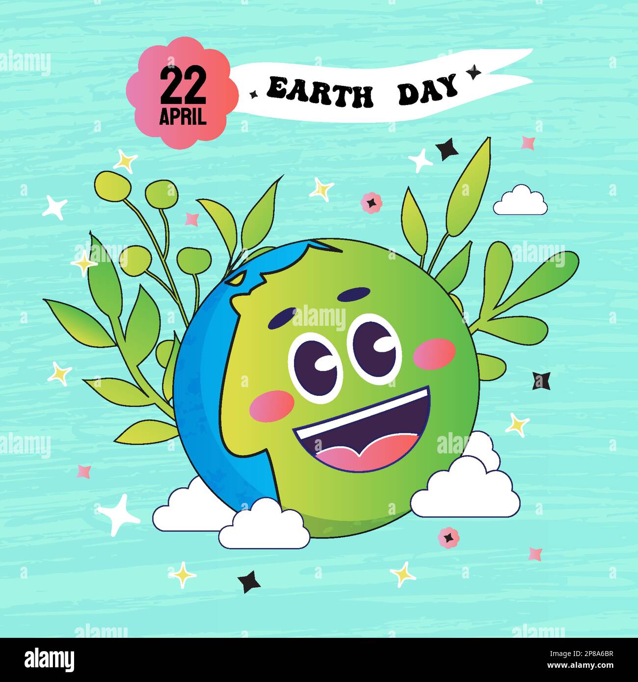 Internationaler Tag Der Erde. Cartoon Cute Smile Earth Planet Charakter. Konzept des Weltumwelttages im Retro-Stil. Flower Power Planet. Speichern Sie den Stock Vektor