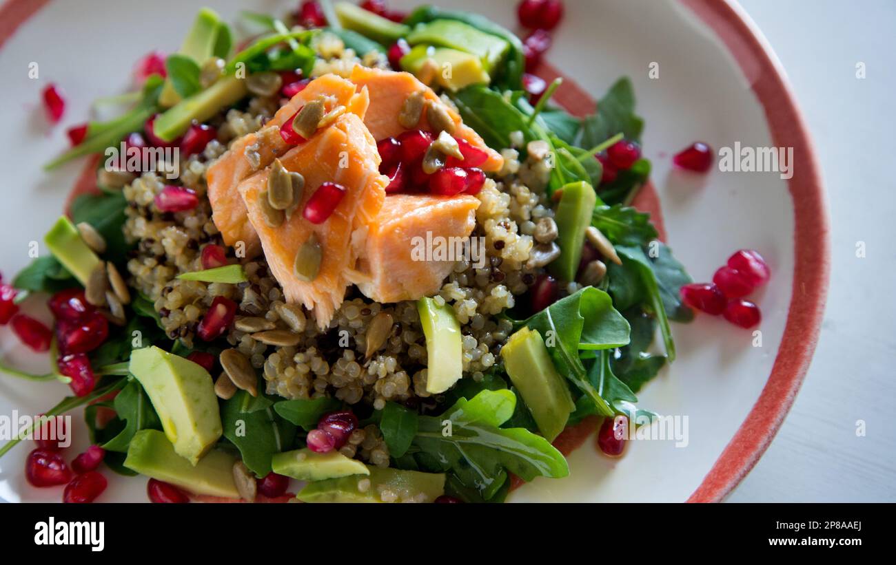 Köstlicher Salat mit frischem Lachs aus Alaska. Stockfoto