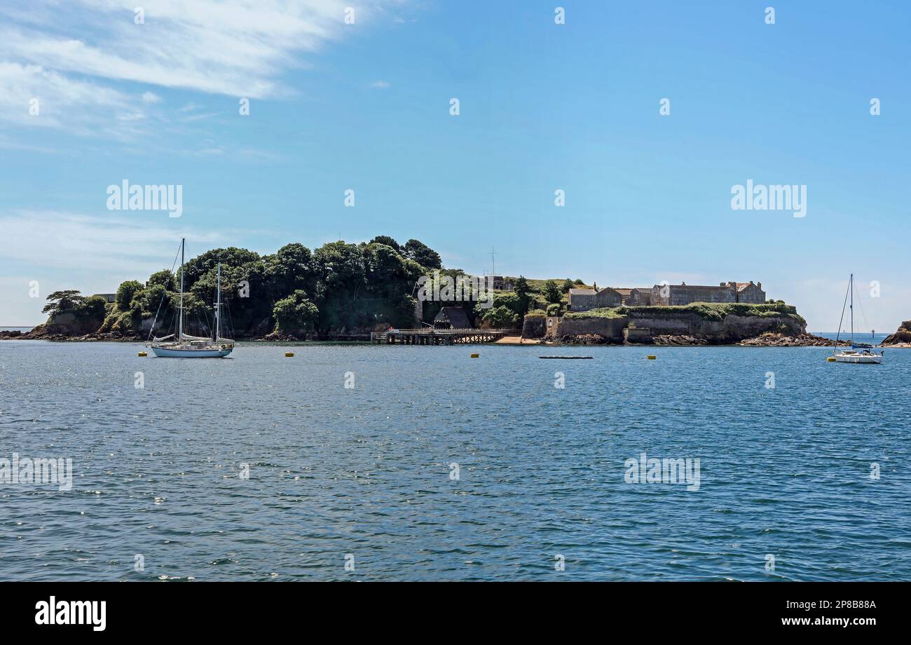 Drakes Island südlich von Plymouth im Plymouth Sound. Kaufte 2019 Dollar von dem Geschäftsmann Morgan Phillips. Pläne für Heritage Centre und Hotels Stockfoto