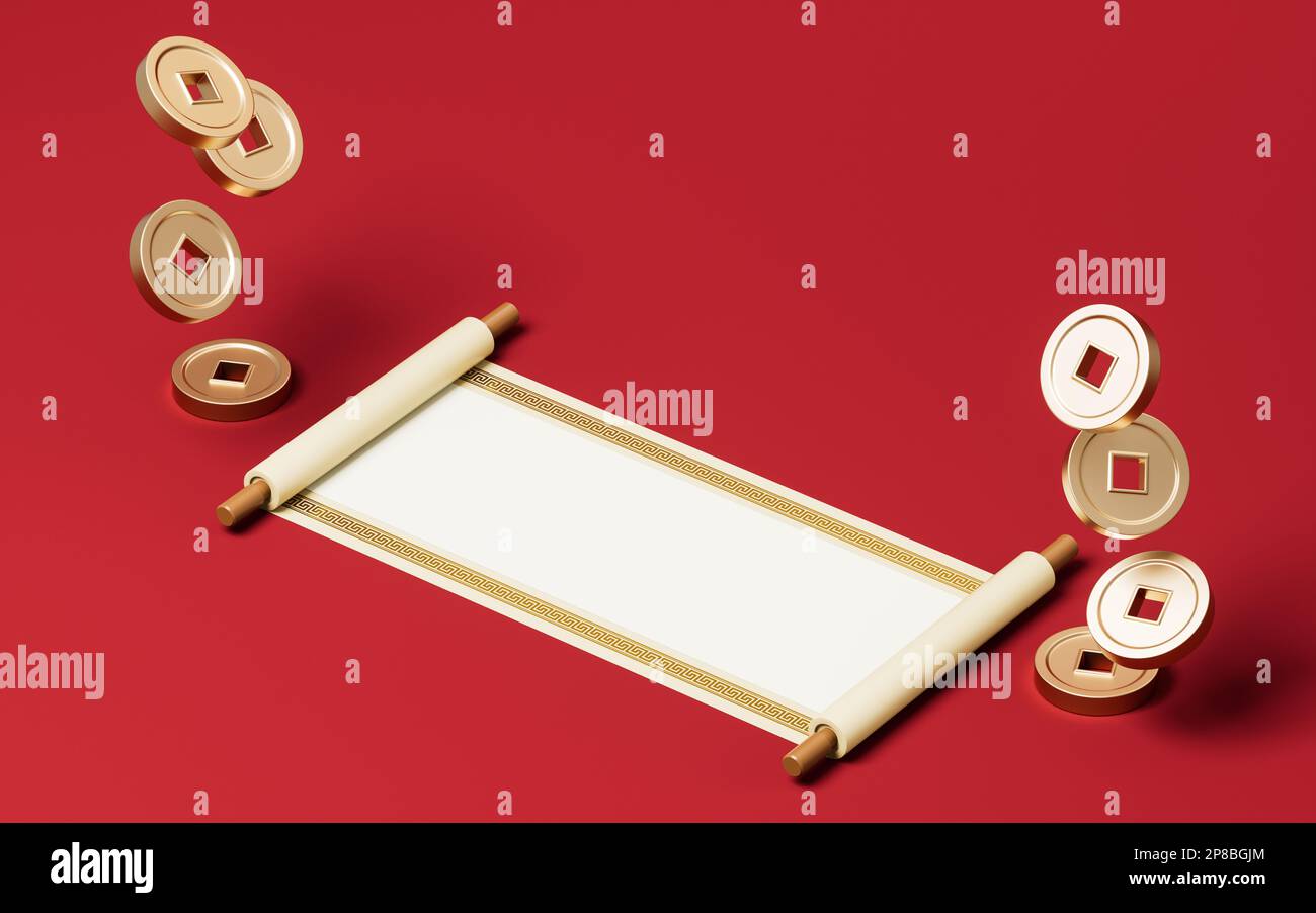 Chinesische alte Rolle mit goldenen Münzen, 3D-Rendering. Digitale Zeichnung. Stockfoto