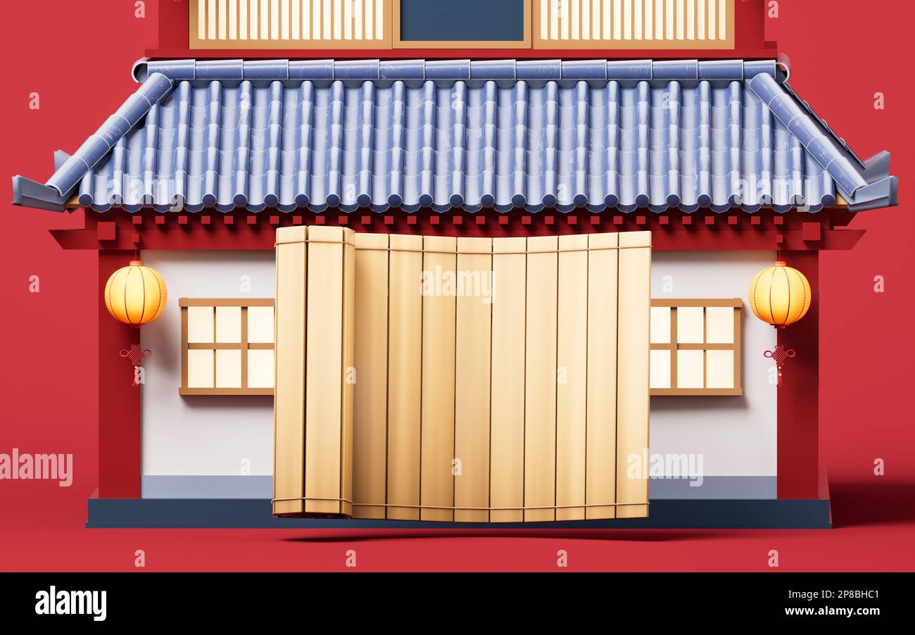 Chinesisches antikes Gebäude im Retro-Stil, 3D-Rendering. Digitale Zeichnung. Stockfoto