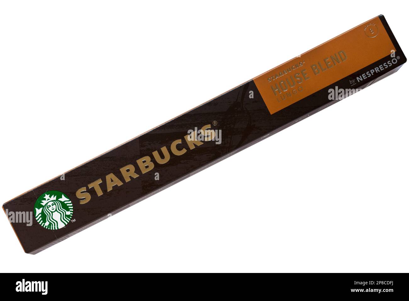 Schachtel Starbucks House Blend Lungo Kaffeekapseln mit Nespresso, isoliert auf weißem Hintergrund Stockfoto
