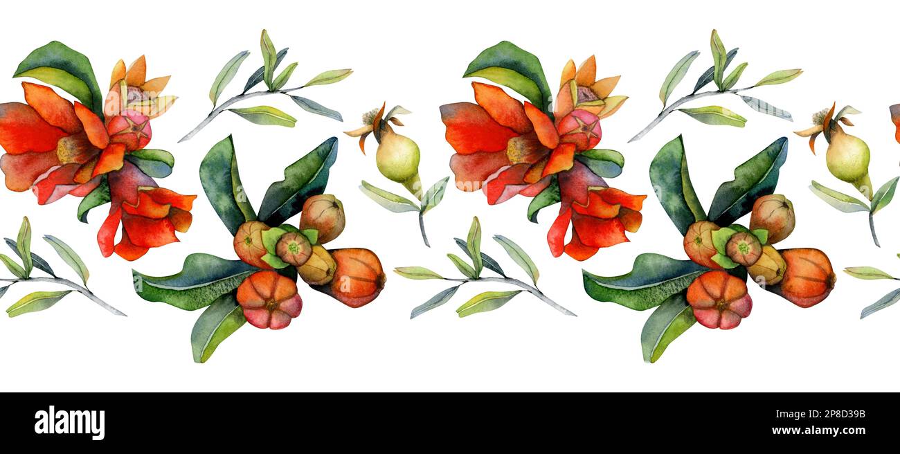 Wasserfarbener, nahtloser Rand mit Granatapfelästen, roten Blumen und grünen Blättern, isoliert auf Weiß für jüdische Neujahrsdesigns Stockfoto