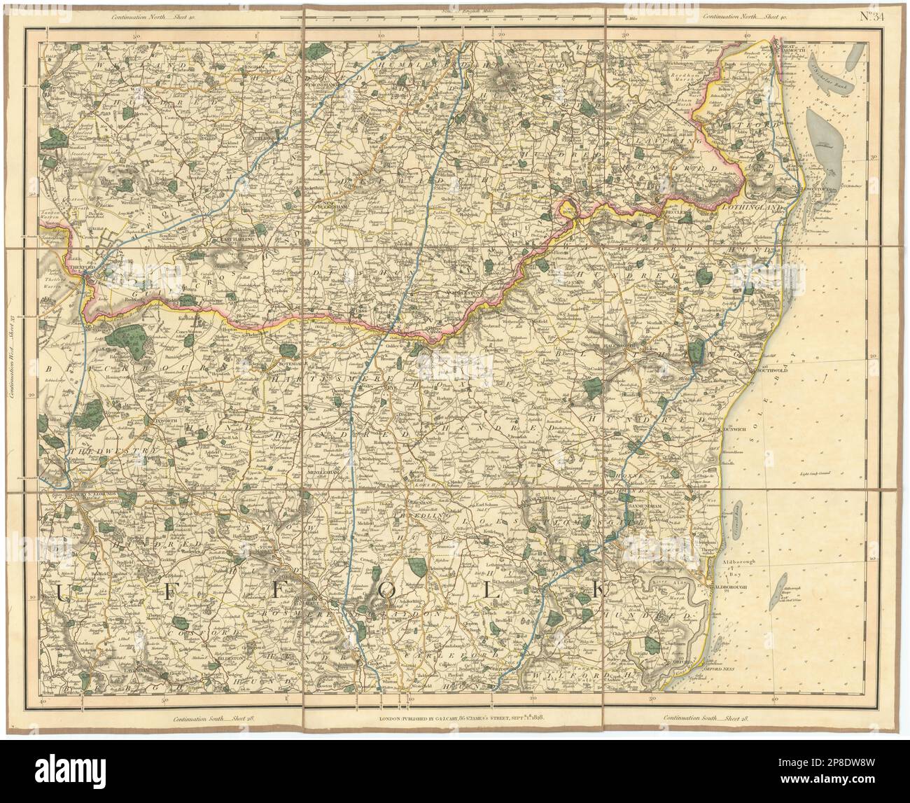 SUFFOLK KÜSTE & HEIDEN. Südliche Norfolk Broads. Deben Stowmarket. KARTE CARY 1832 Stockfoto