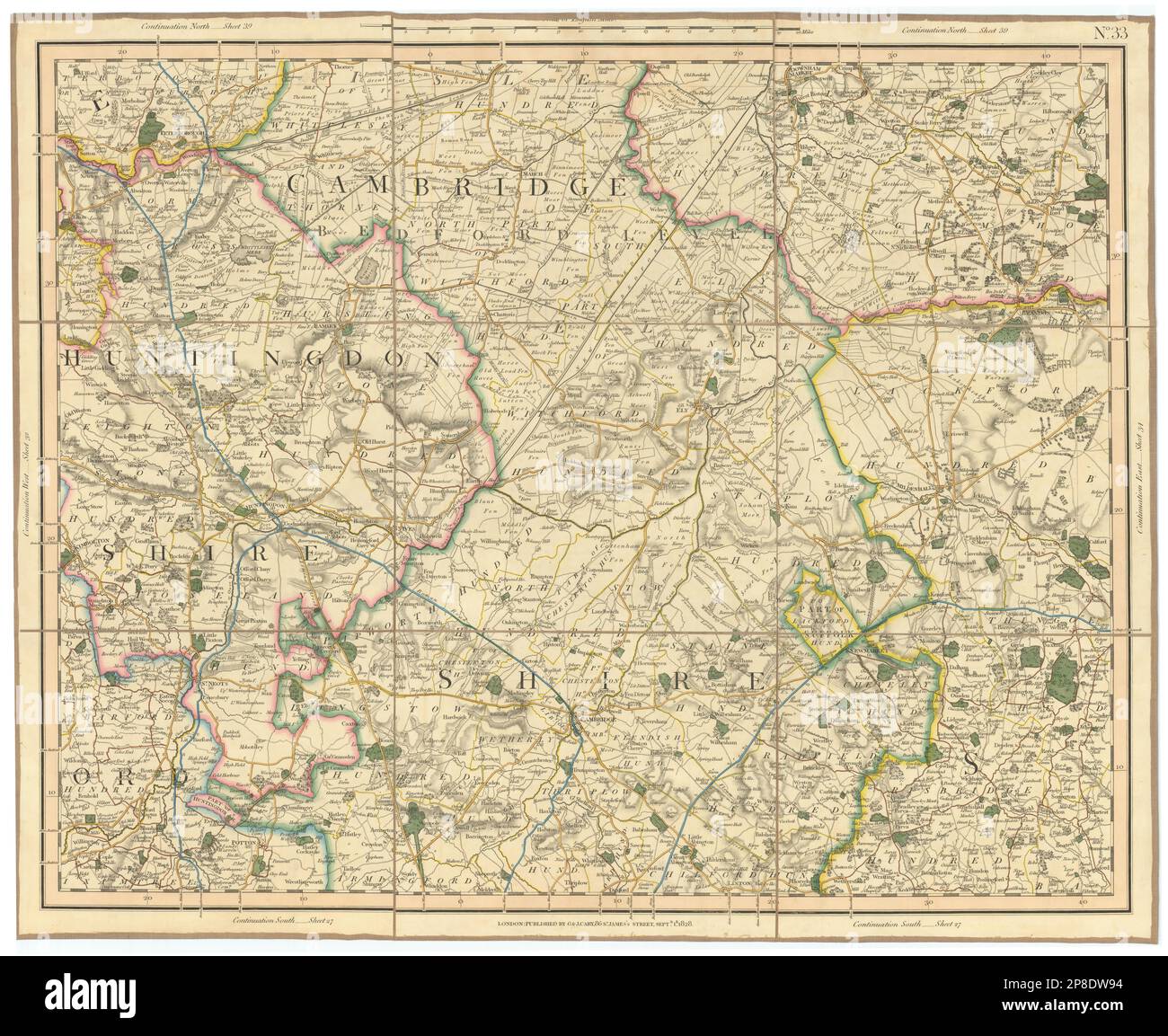 SÜDLICHE ZÄUNE. Cambridgeshire Huntingdonshire W Suffolk SW Norfolk CARY 1832 Karte Stockfoto