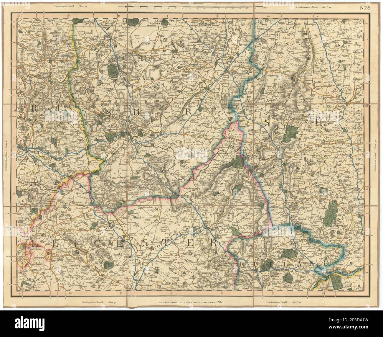 EAST MIDLANDS. Leicestershire Rutland Nottinghamshire Lincs Derbys CARY 1832 Karte Stockfoto