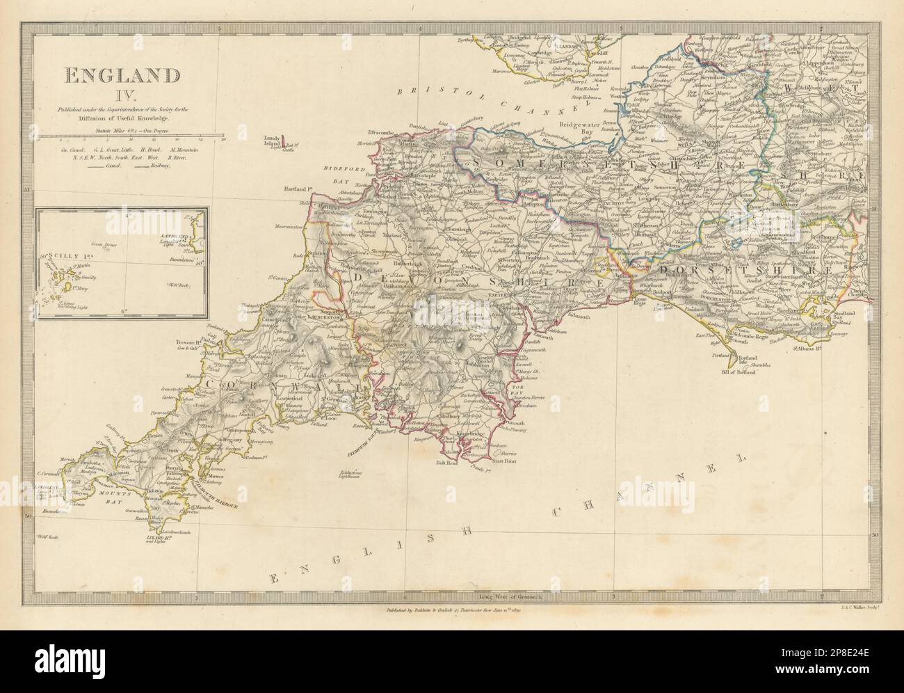 ENGLAND SÜD-WEST. Cornwall Devon Somerset Dorset Scilly Isles. SDUK 1844-Karte Stockfoto