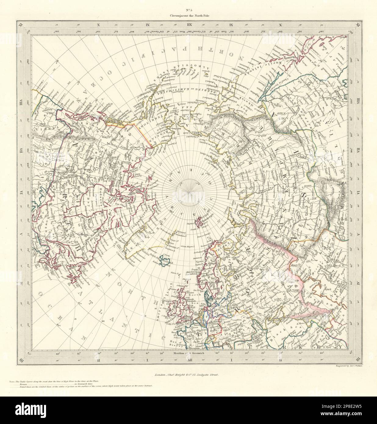 Nordpol ARKTIS. bis 45˚N Latitude. Alaska als russisches Territorium. SDUK 1846 Karte Stockfoto