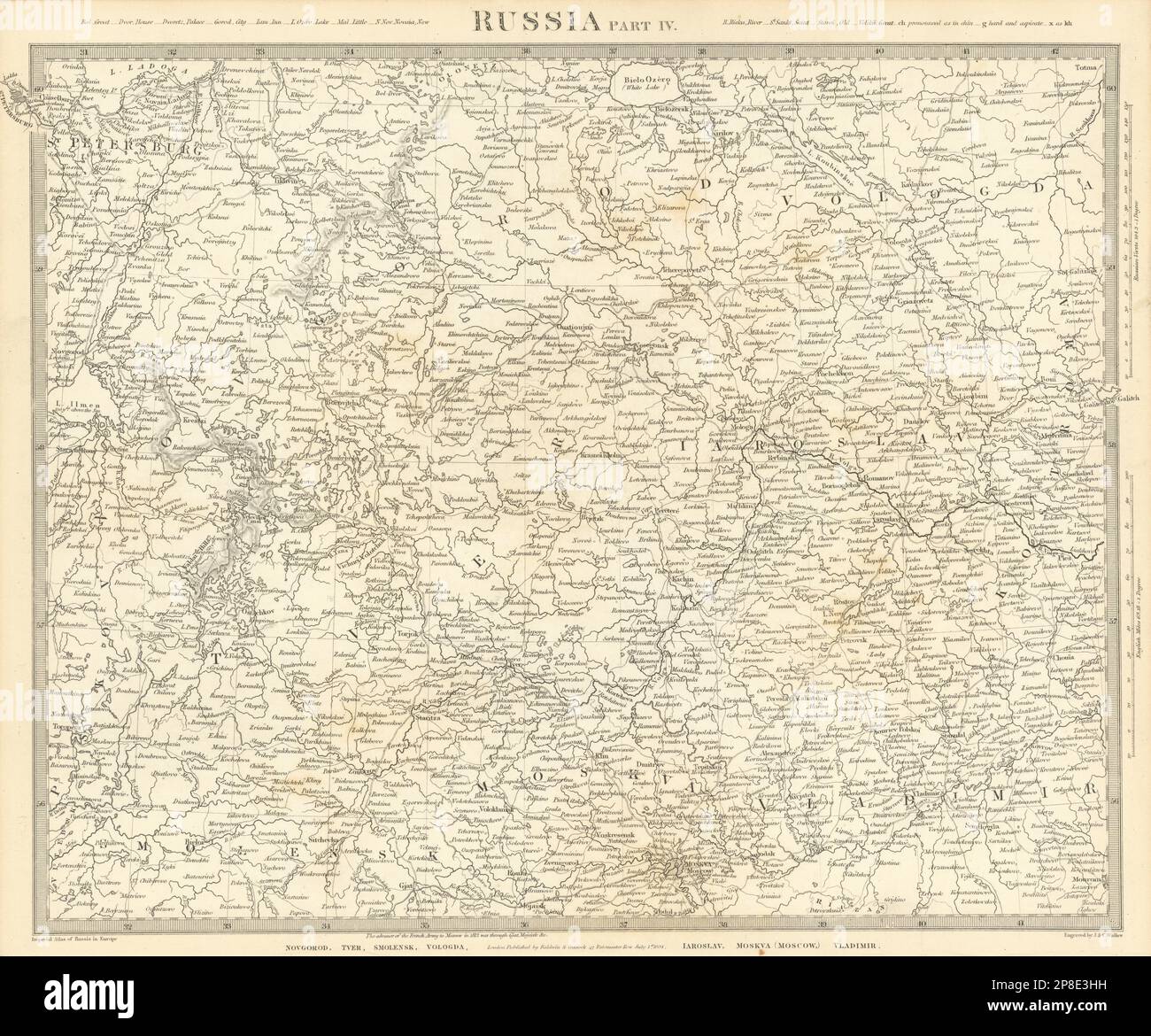 RUSSLAND Moskau Novgorod Smolensk Tver Vologda Iarolslav Vladimir SDUK 1844 Karte Stockfoto