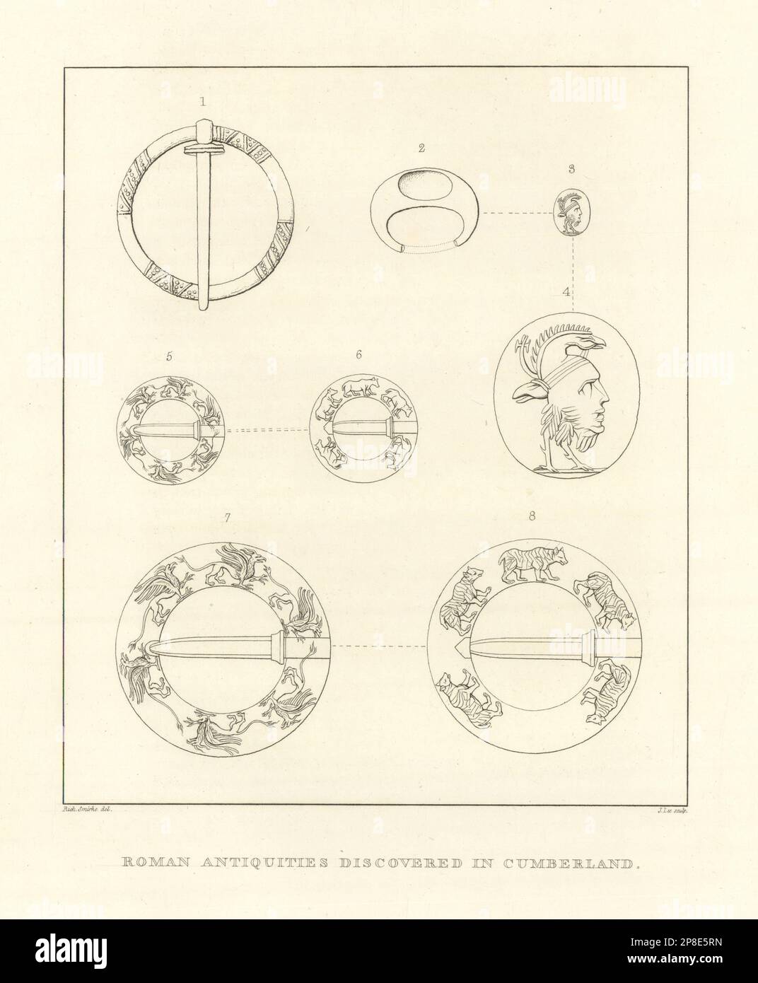 Römische Antiquitäten in Cumberland entdeckt. Cumbria 1816 Jahre alter Antiquitätendruck Stockfoto