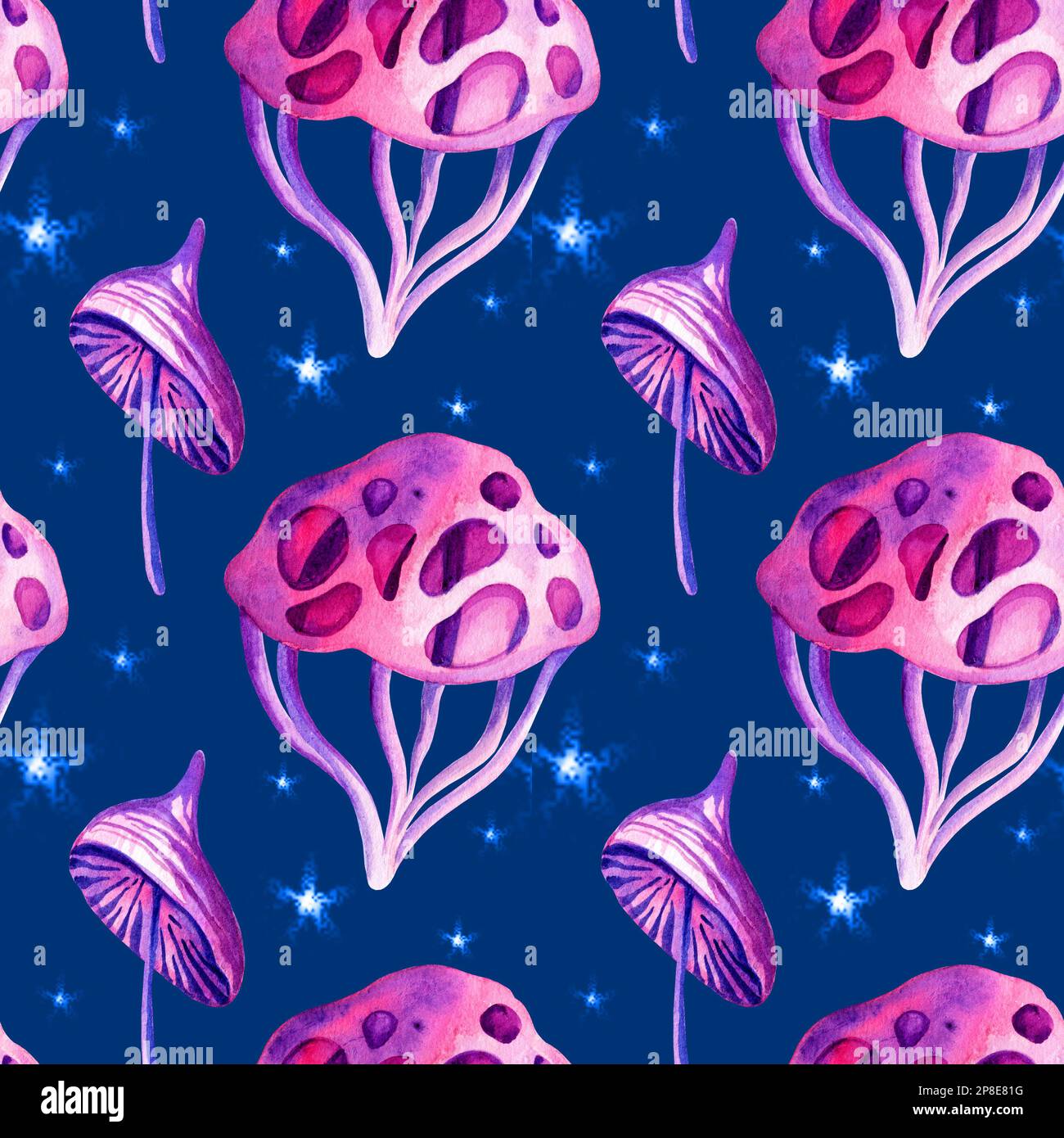 Nahtloses Muster mit fantastischen kosmischen Pilzen auf dunklem Hintergrund, wasserfarbene Handzeichnung. Neonfarbe, Lila, Pink, Blau Stockfoto