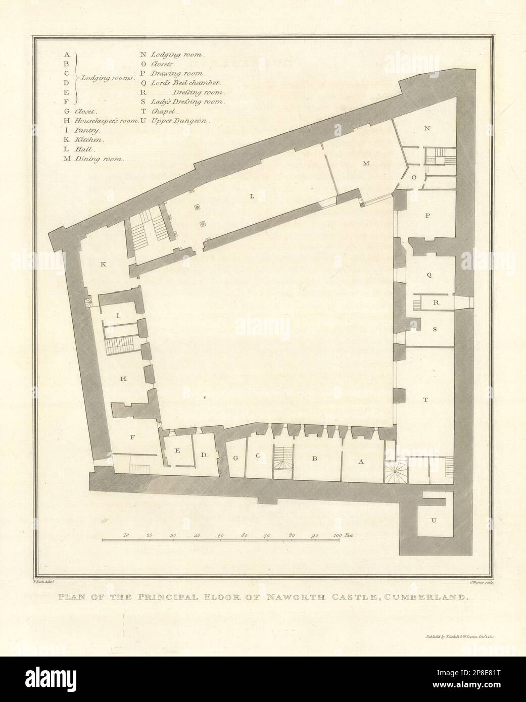Grundriss des Erdgeschosses von Naworth Castle, Cumberland. Karte von Cumbria 1816 Stockfoto