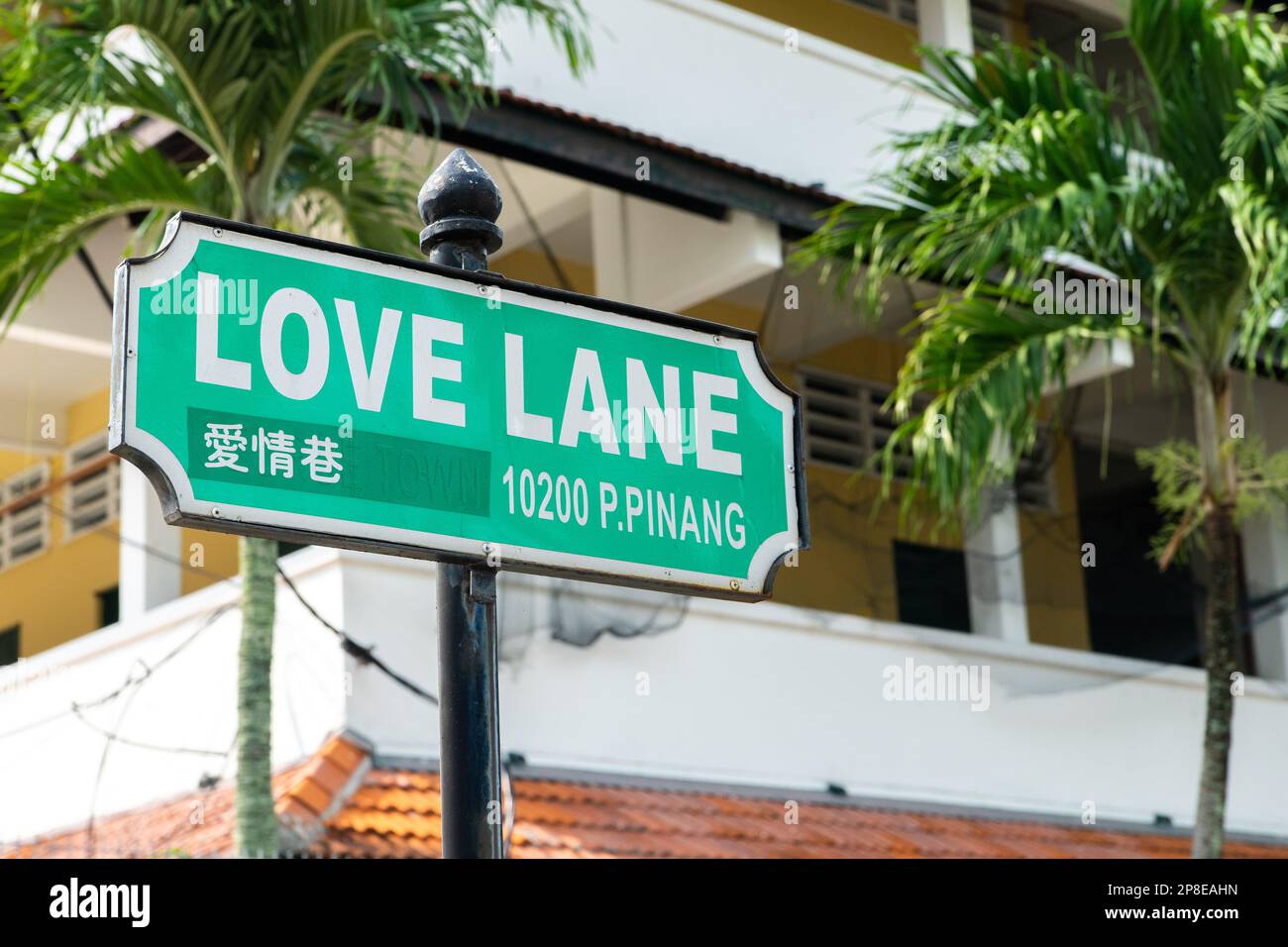 Straßenschild der Love Lane in George Town, Penang, Malaysia, mit umliegendem Gebäude als Hintergrund. Stockfoto