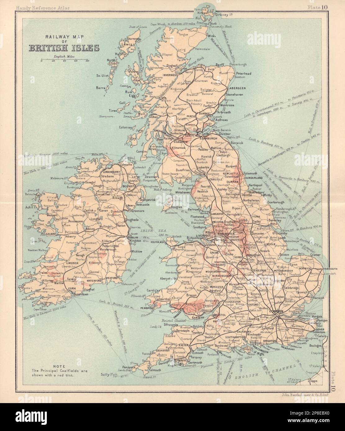 Eisenbahnkarte der britischen Inseln mit Kohlefeldern. BARTHOLOMEW 1898 Jahre alt Stockfoto