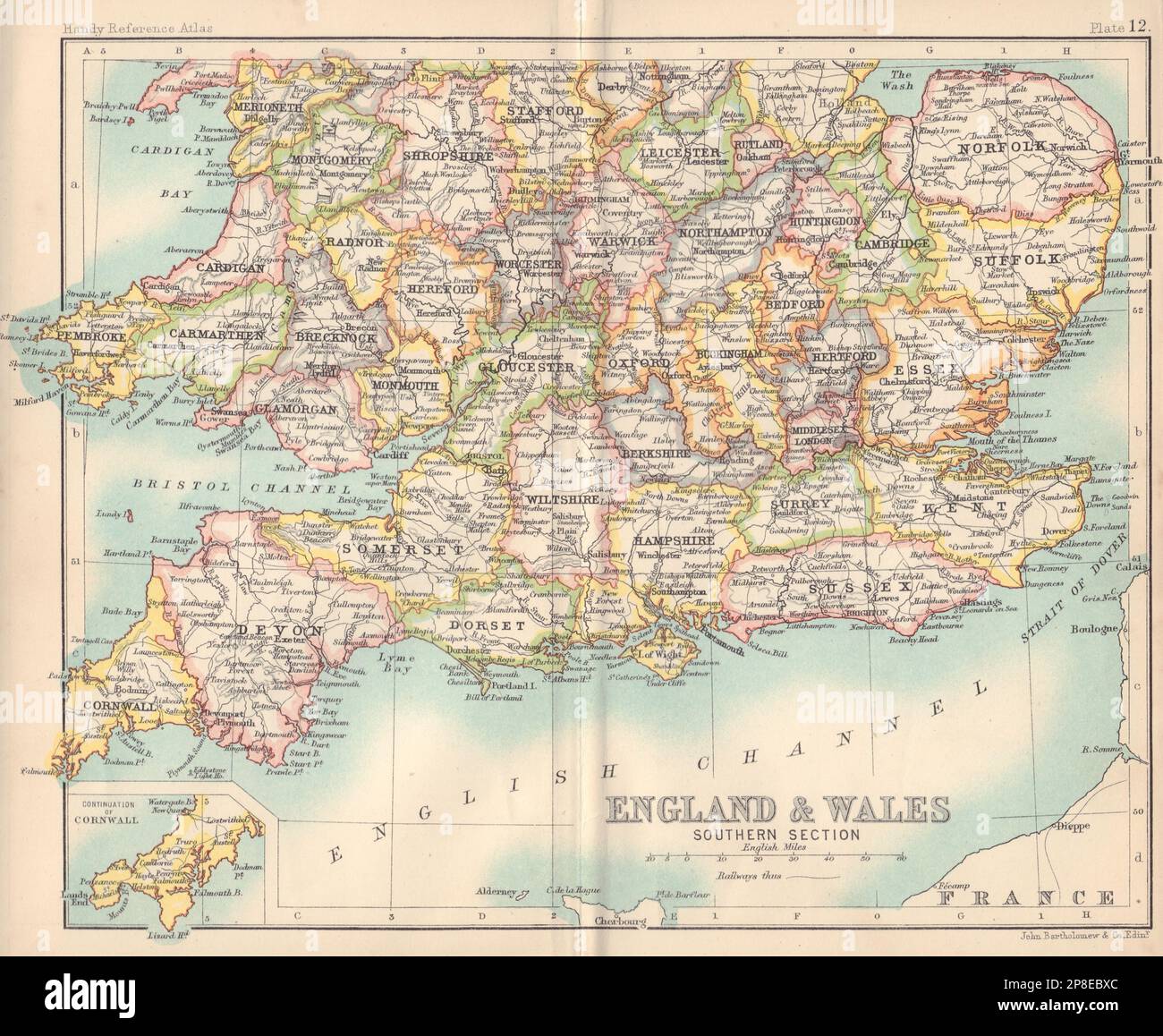 Südteil Von England Und Wales. Großbritannien. BARTHOLOMEW 1898 alte Karte Stockfoto