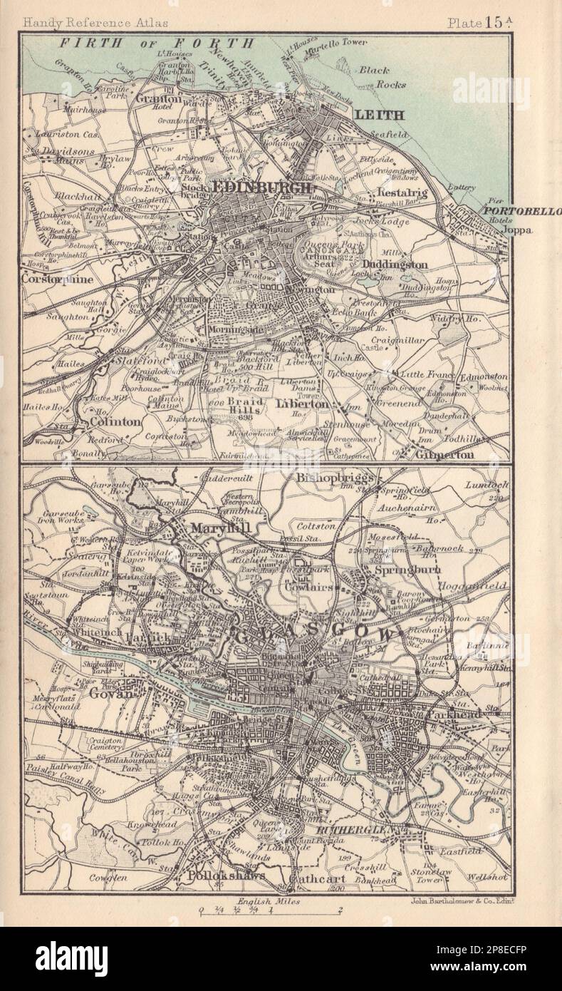 Umgebung von Edinburgh und Glasgow. Schottische Städte. BARTHOLOMEW 1898 alte Karte Stockfoto