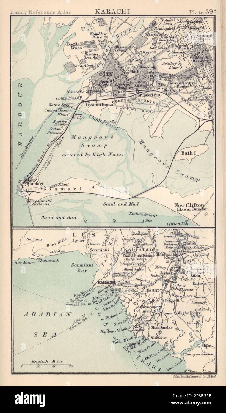 Stadtplan und Umgebung von Karatschi. Pakistan. BARTHOLOMEW 1898 alte antike Karte Stockfoto