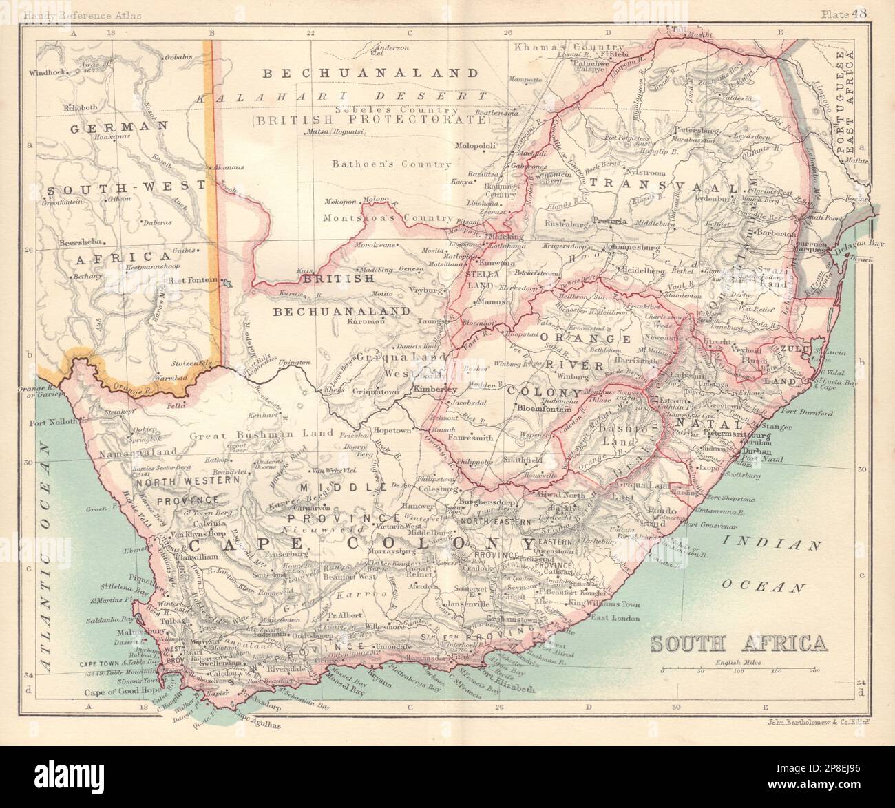 Kap-Kolonie Bechuanaland Botsuana. Südliches Afrika. BARTHOLOMEW 1898 alte Karte Stockfoto