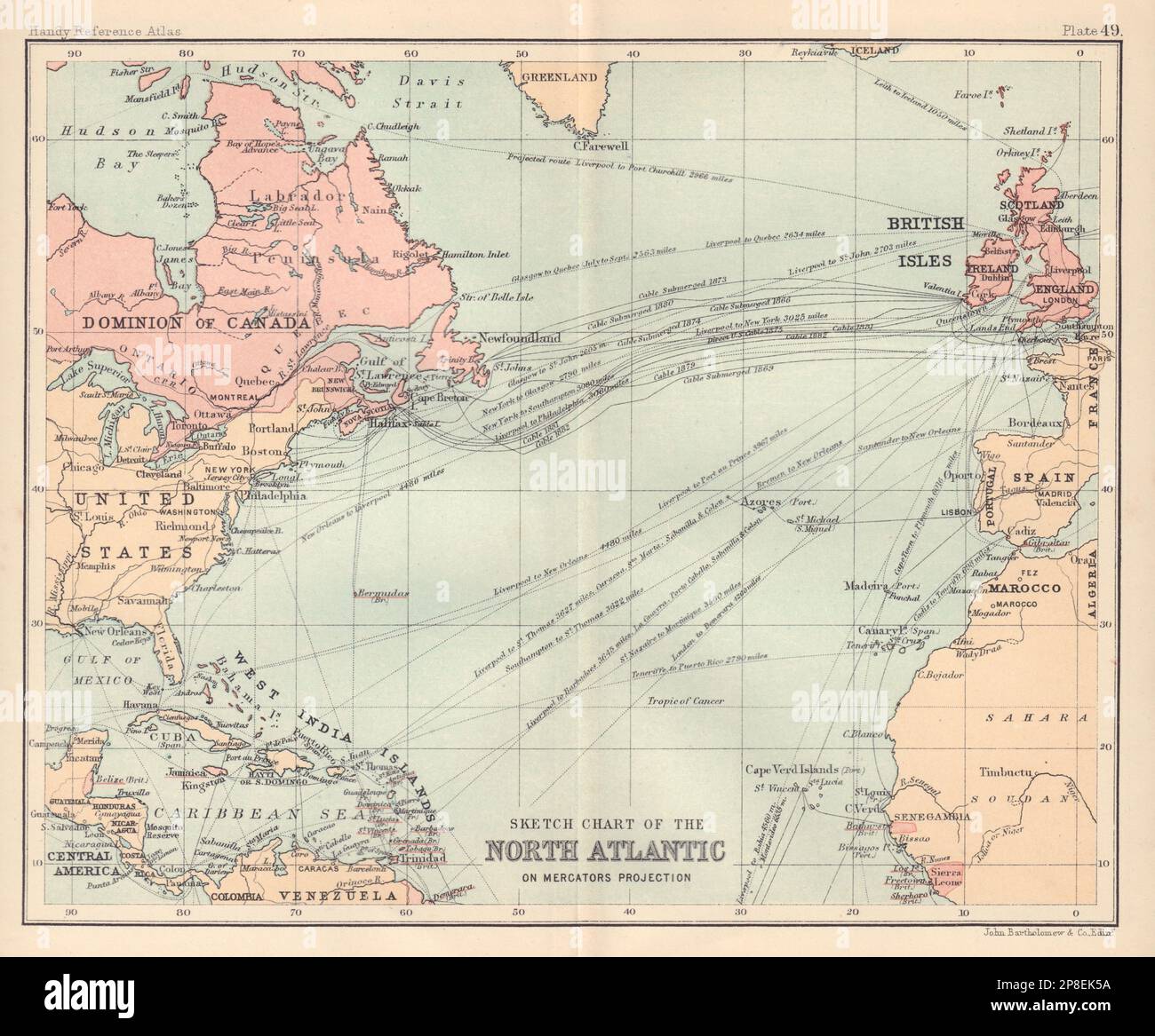 Skizzendiagramm des Nordatlantiks. Versandrouten. BARTHOLOMEW 1898 alte Karte Stockfoto