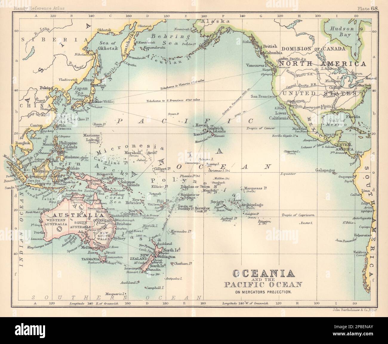 Ozeanien und der Pazifik auf Mercators Projektion. Karte Australasia 1898 Stockfoto