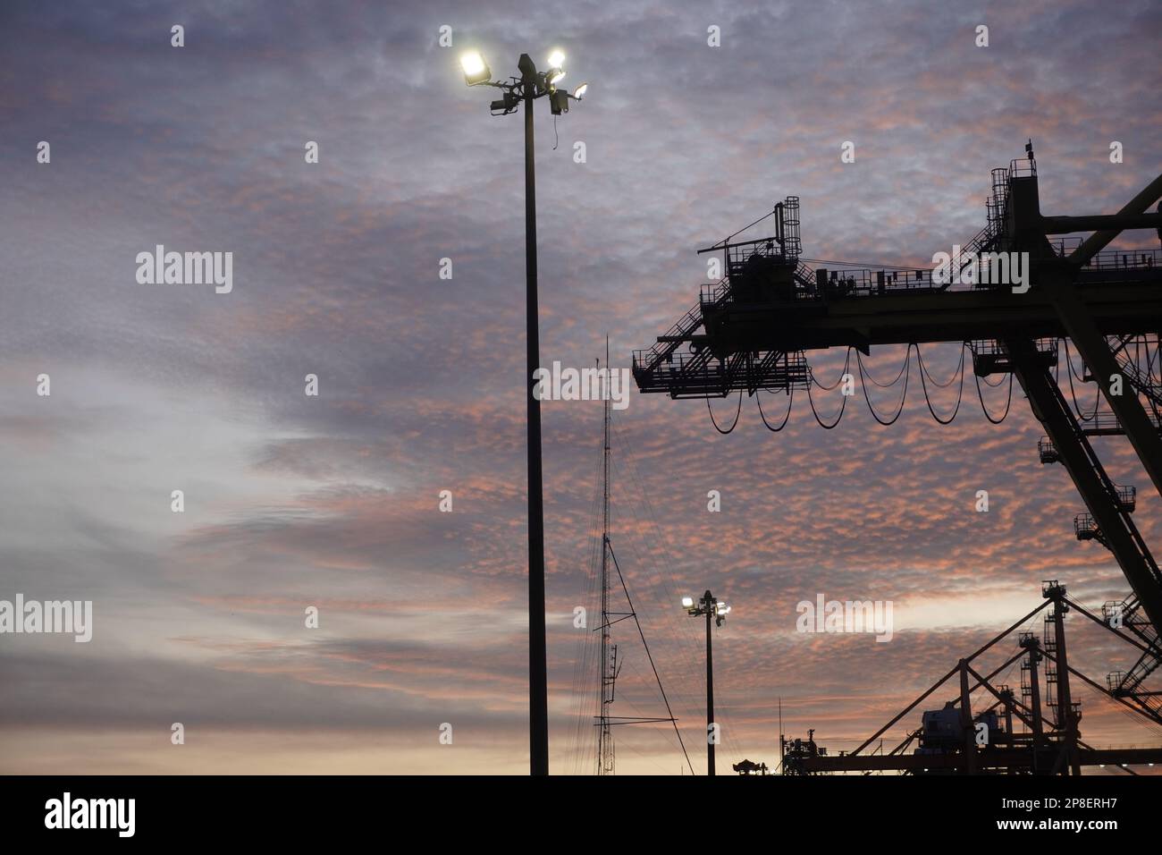 Container-Lifter für schwere Geräte am Hafen am Abend Stockfoto