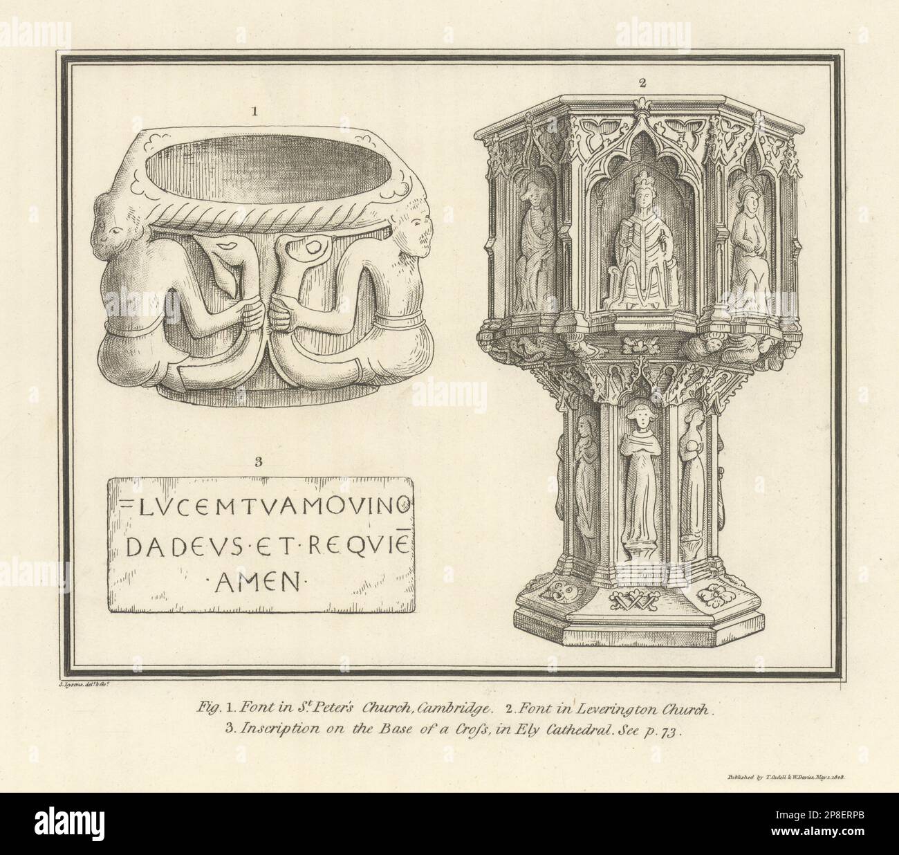 Schriftarten in St. Peter's Church, Cambridge & Leverington Church. LYSONS 1810-Druck Stockfoto