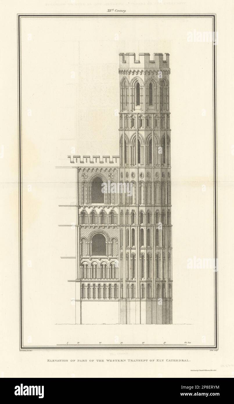 Höhe eines Teils des westlichen Querschnittes der Ely-Kathedrale. SMIRKE 1810-Druck Stockfoto