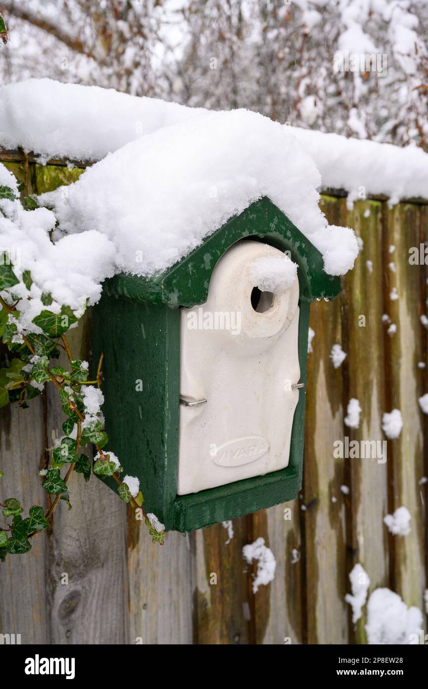Ein Vogelnistkasten voller Schnee. Stockfoto