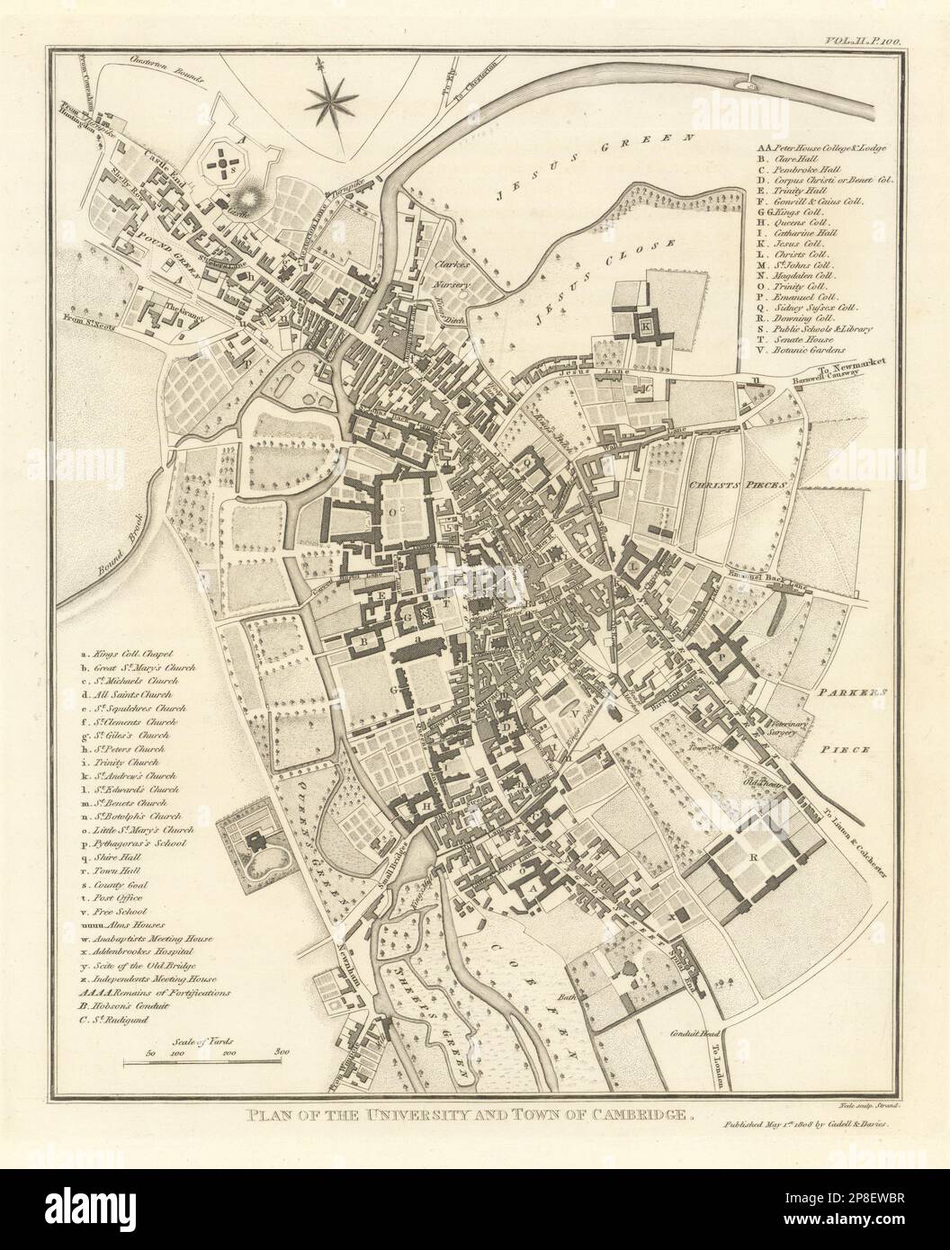 Plan der Universität und der Stadt Cambridge von Samuel Neele, 1810 Jahre alte Karte Stockfoto