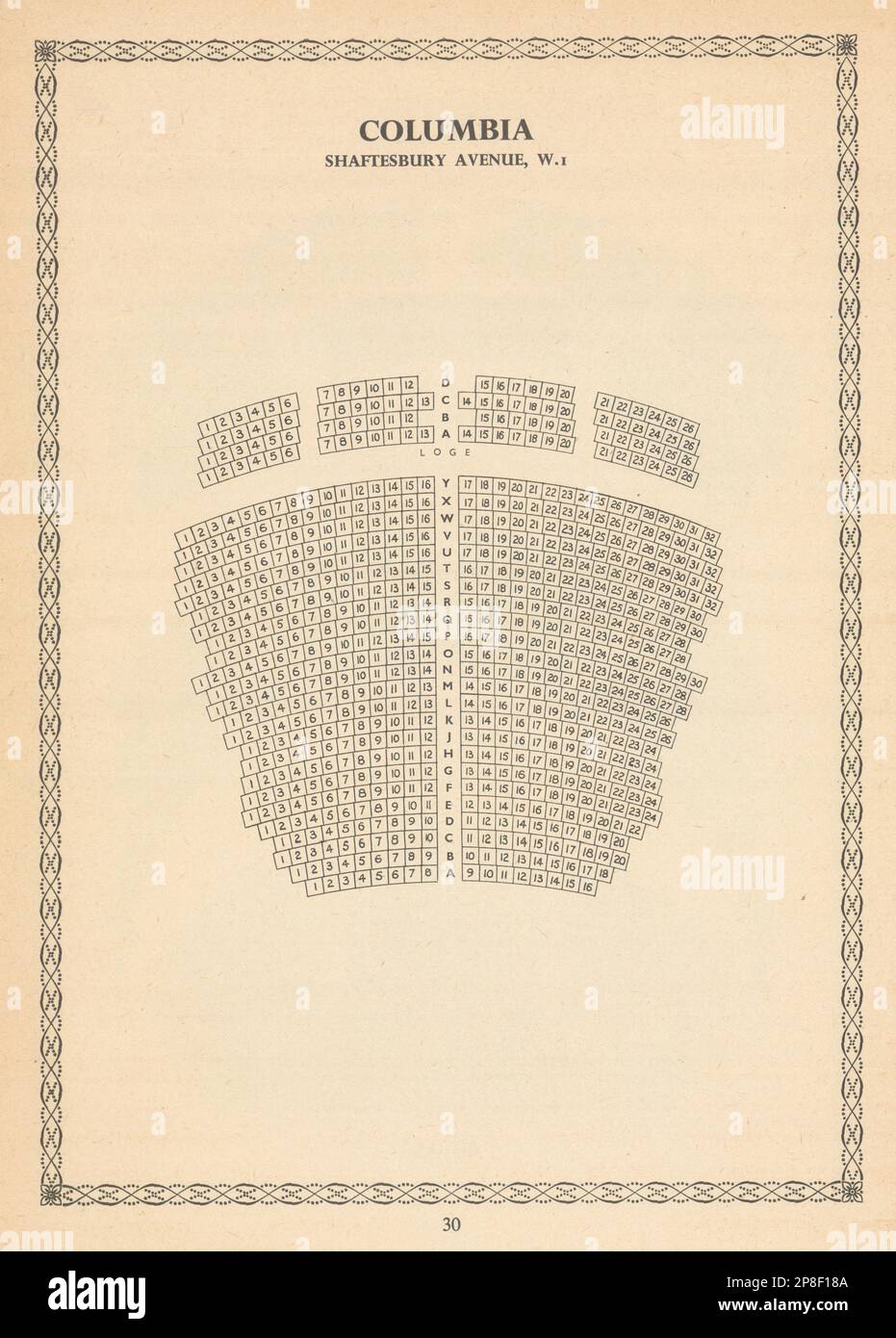 Columbia Theatre, Shaftesbury Avenue, London. Aufdruck mit altem Sitzplan 1960 Stockfoto