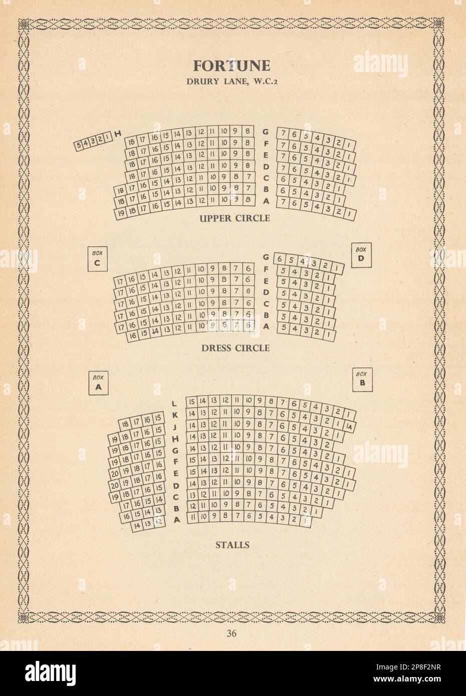 Fortune Theatre, Drury Lane, London. Altmodischer Sitzplan 1960, alter Print Stockfoto