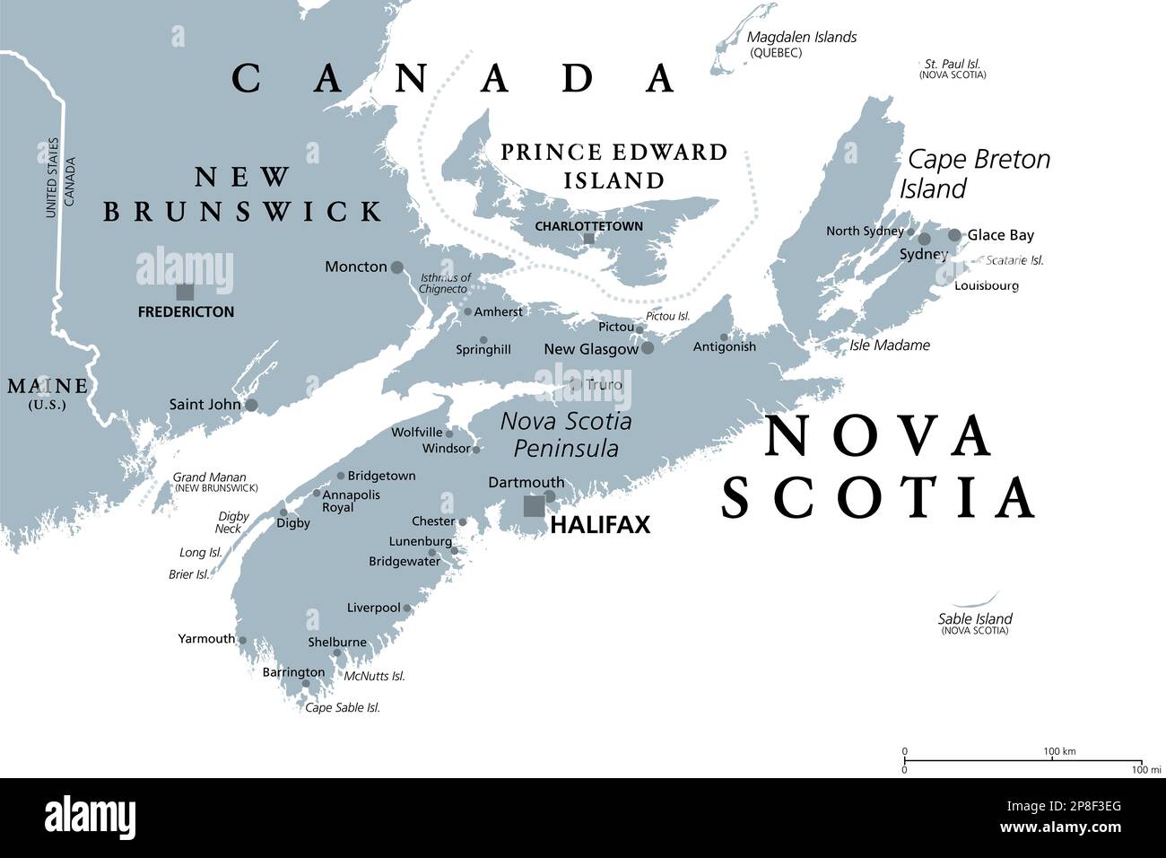 Nova Scotia, Maritime und Atlantic Province of Canada, graue politische Karte. Cape Breton Island und Nova Scotia Halbinsel, mit Hauptstadt Halifax. Stockfoto