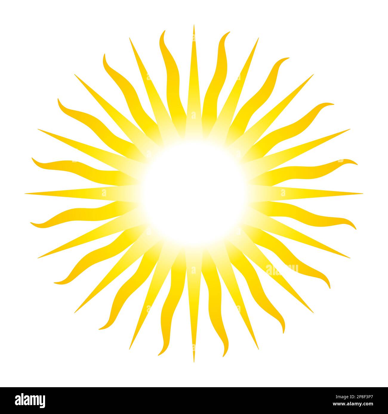 Sonnensymbol mit 32 Strahlen, analog zur Sonne des Monats Mai, nationales Emblem von Argentinien und Uruguay. Strahlend goldgelbe Solarscheibe. Stockfoto