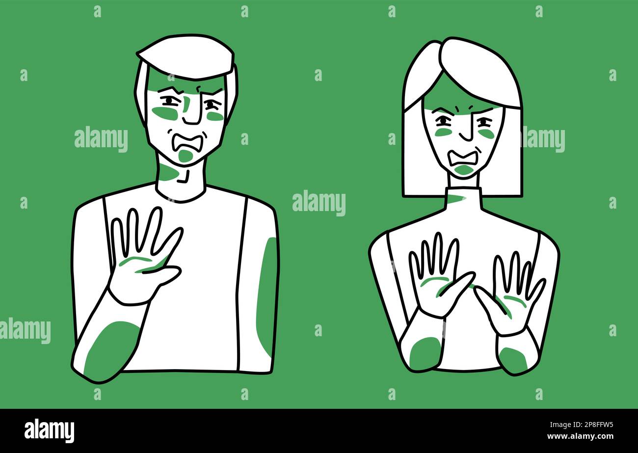 Mann und Frau mit Emotionen von Ekel, grün und weiß, Antipathie-Reaktion, bedecken sich mit Händen. Linienzeichnung im Skizzenstil. Stock Vektor