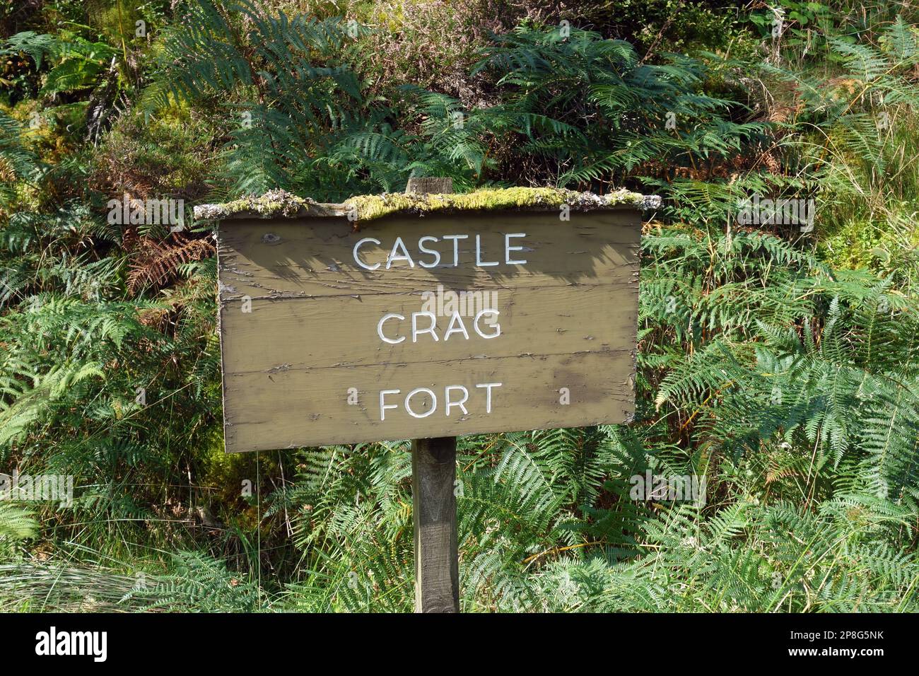 Holzschild für Shoulthwaite Hillfort „Castle Crag Fort“ in der Nähe von Wainwright „Raven Crag“ Thirlmere, Lake District National Park, Cumbria, England, Großbritannien. Stockfoto