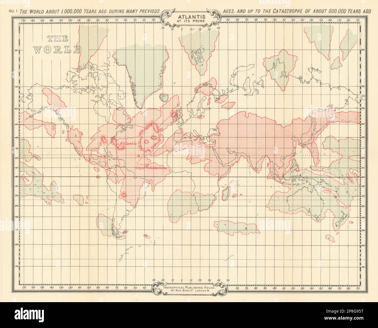 Atlantis in seiner Prime. Welt 1.000.000-800.000 v. Chr. SCOTT-ELLIOT 1925 alte Karte Stockfoto