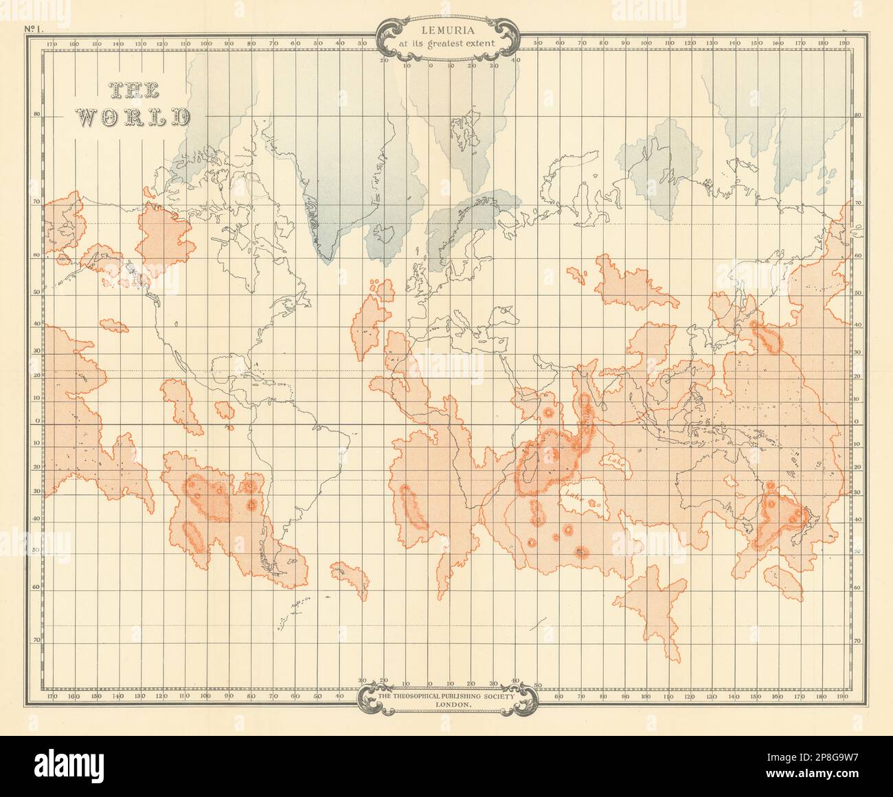 Die Welt zeigt Lemurien in größtem Ausmaß. SCOTT-ELLIOT 1925 alte Karte Stockfoto
