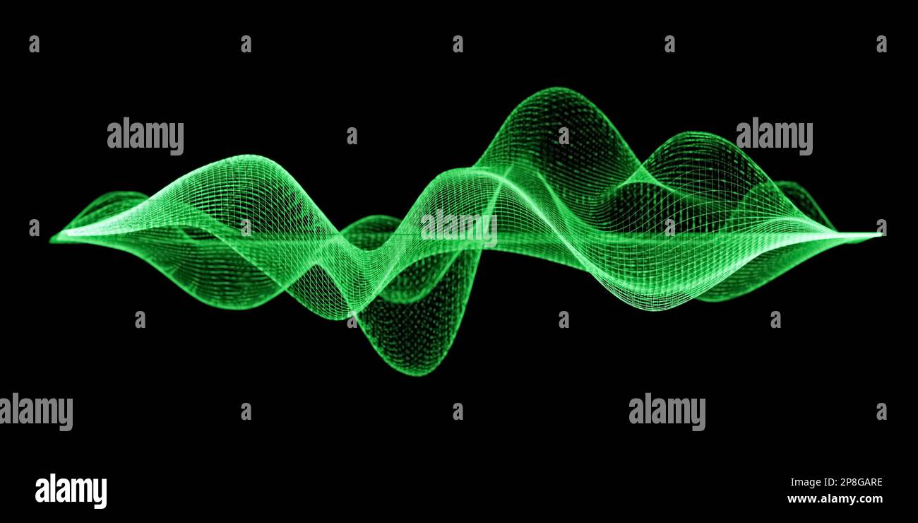 Neongrün Darstellung abstrakter Drahtmodell-Schallwellen, Visualisierung von Frequenzsignalen Audiowellenlängen, konzeptionelle futuristische Technologiewelle Stockfoto