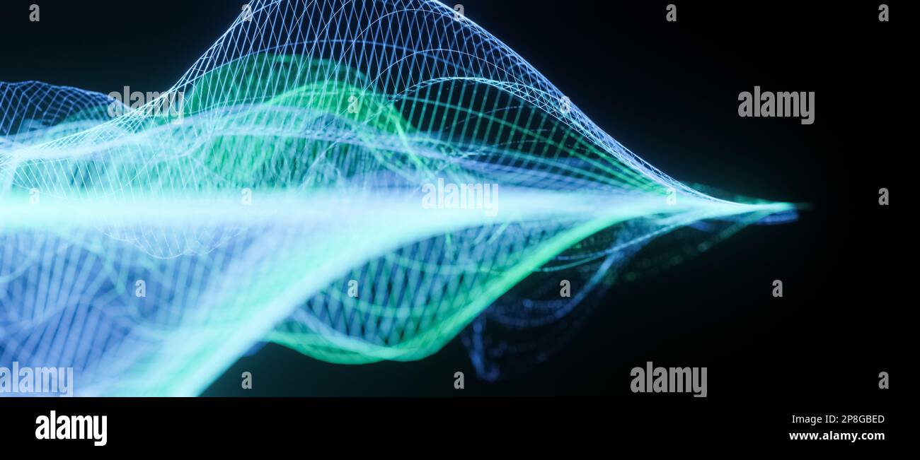 Grüne und blaue Schallwellen, Darstellung abstrakter Drahtmodelle, Visualisierung von Frequenzsignalen, Audiowellenlängen, konzeptionelle futuristische Technologie Stockfoto