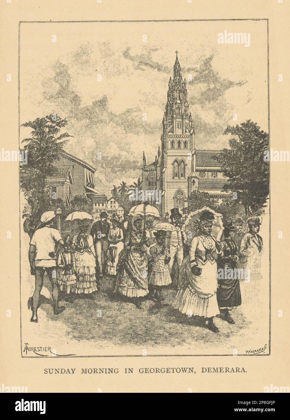 Sonntagmorgen in Georgetown, Demerara, Guyana. Britisch-Guayana. Kirche 1889 Stockfoto