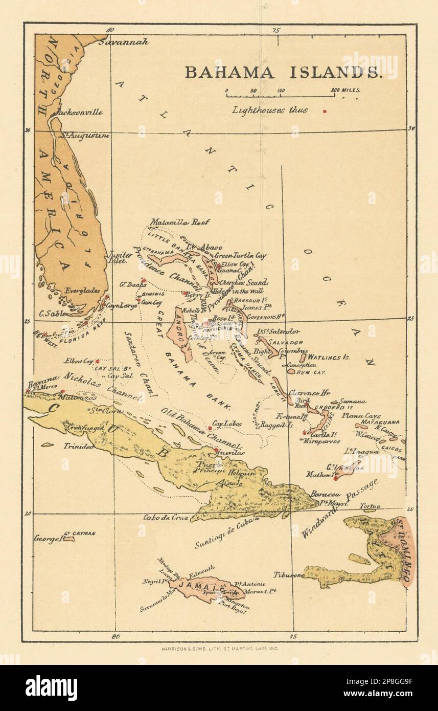 Bahama-Inseln. Bahamas. Leuchttürme. 1889 alte antike Karte VON WASHINGTON EVES Stockfoto