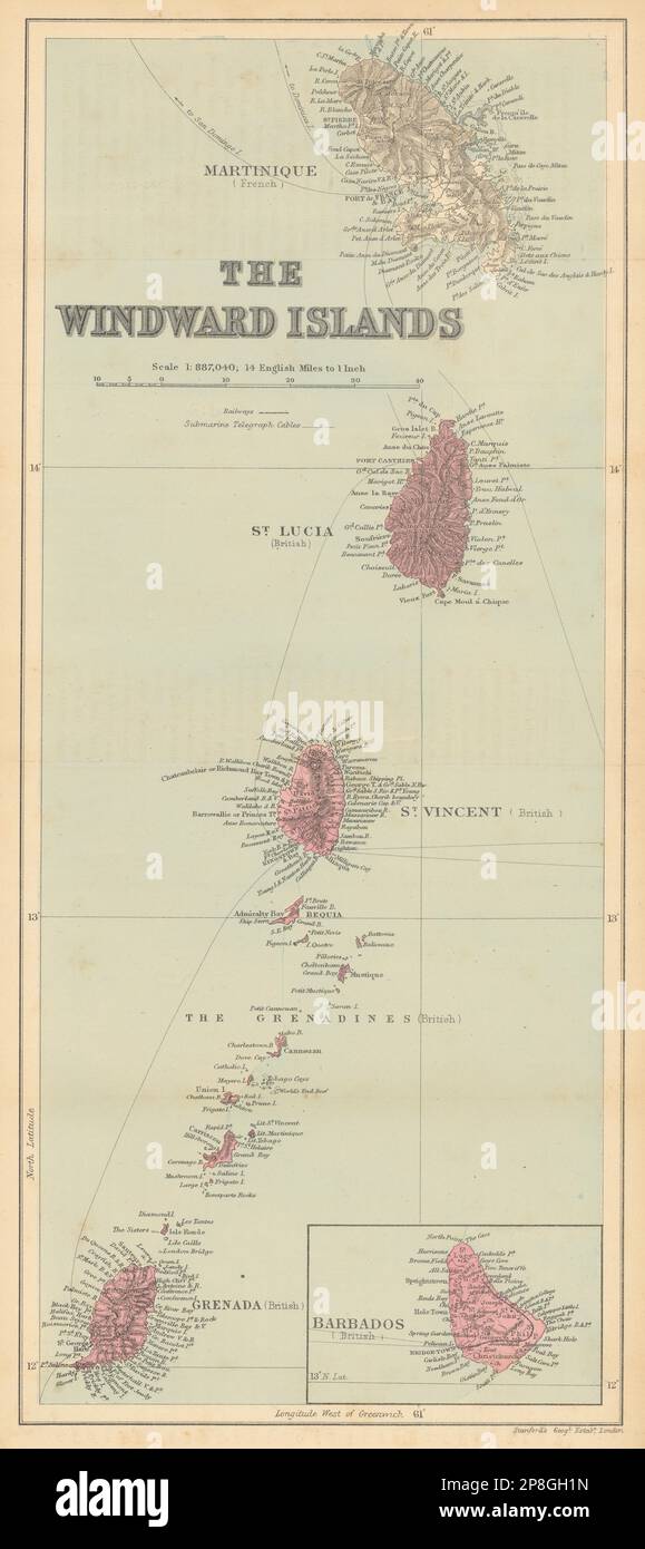 Windward-Inseln. Karte 1897 Barbados St Lucia Grenadines STANFORD/WASHINGTON EVES Stockfoto
