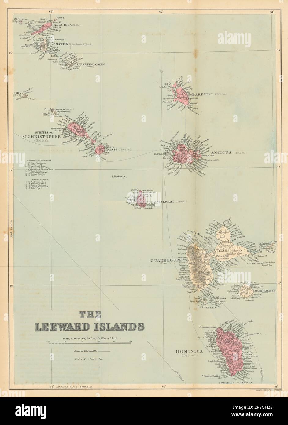 Leeward Islands. Antigua St. Kitts Nevis. KARTE STANFORD/WASHINGTON EVES 1897 Stockfoto
