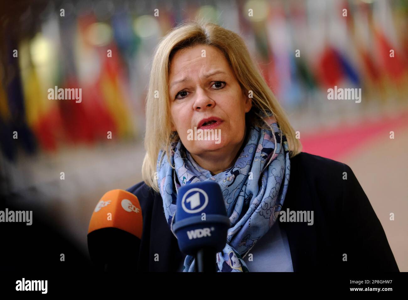 Brüssel, Belgien. 09. März 2023. Ministerin Nancy FAESER kommt am 9. März 2023 zu einer Tagung des Rates "Justiz und Inneres" am Sitz der EU in Brüssel, Belgien. Kredit: ALEXANDROS MICHAILIDIS/Alamy Live News Stockfoto