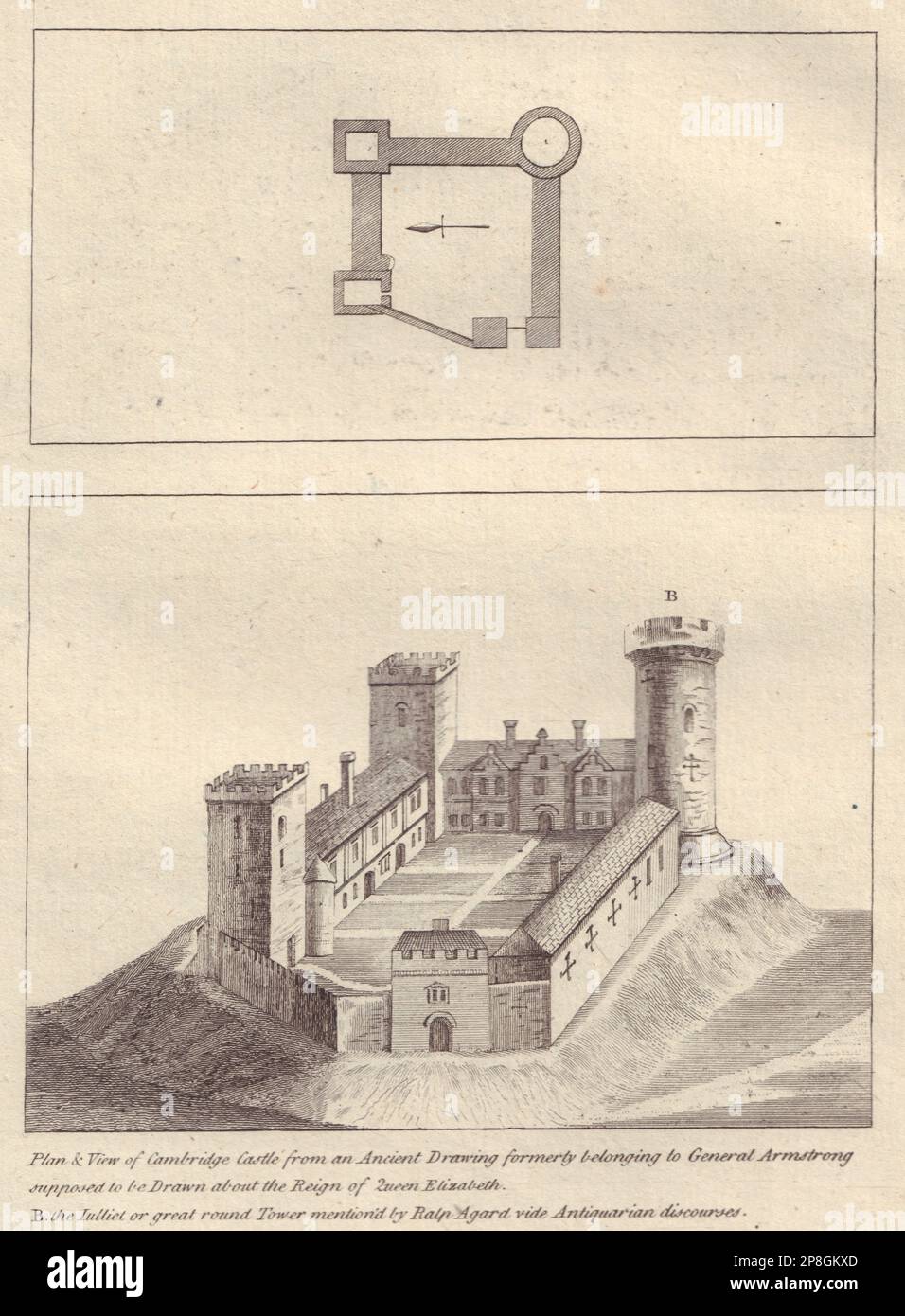 Plan & Blick auf Cambridge Castle, Cambridgeshire. GROSE 1776 Jahre altes antikes Muster Stockfoto