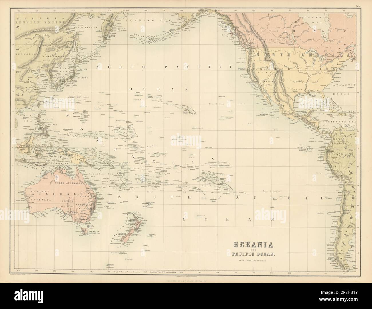 Ozeanien Und Pazifik. Australasien Polynesien Australien. BARTHOLOMEW 1862 Karte Stockfoto