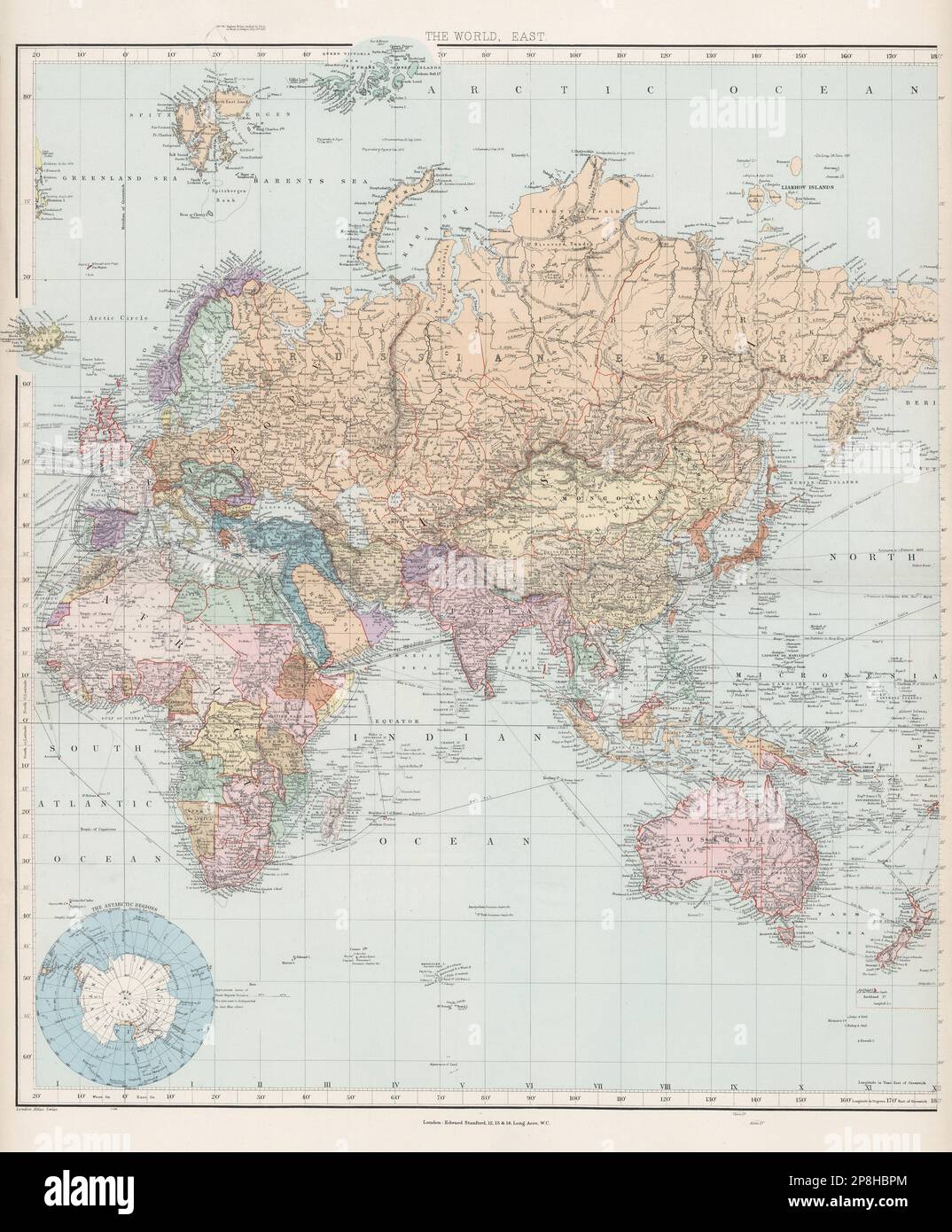 World on Mercator's Projection. Ostblatt. Karte Europa Asien Afrika STANFORD 1904 Stockfoto
