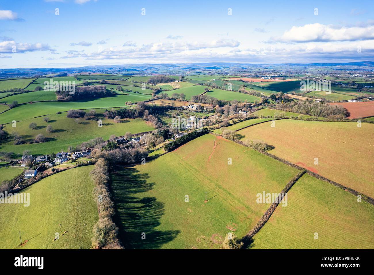 Felder und Ackerland im Frühling einer Drohne, Devon, England, Europa Stockfoto